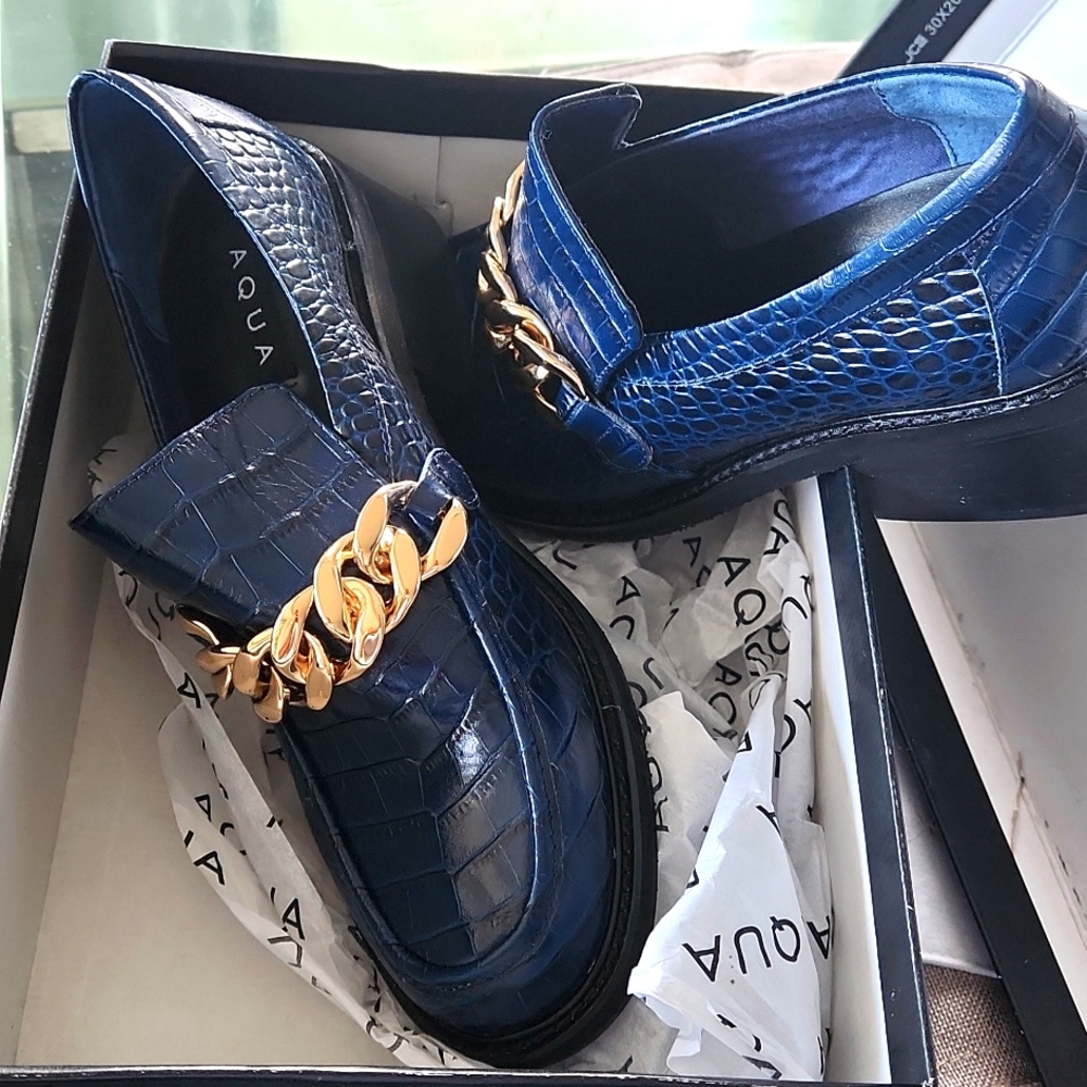 Blue croc print loafers by AQUA